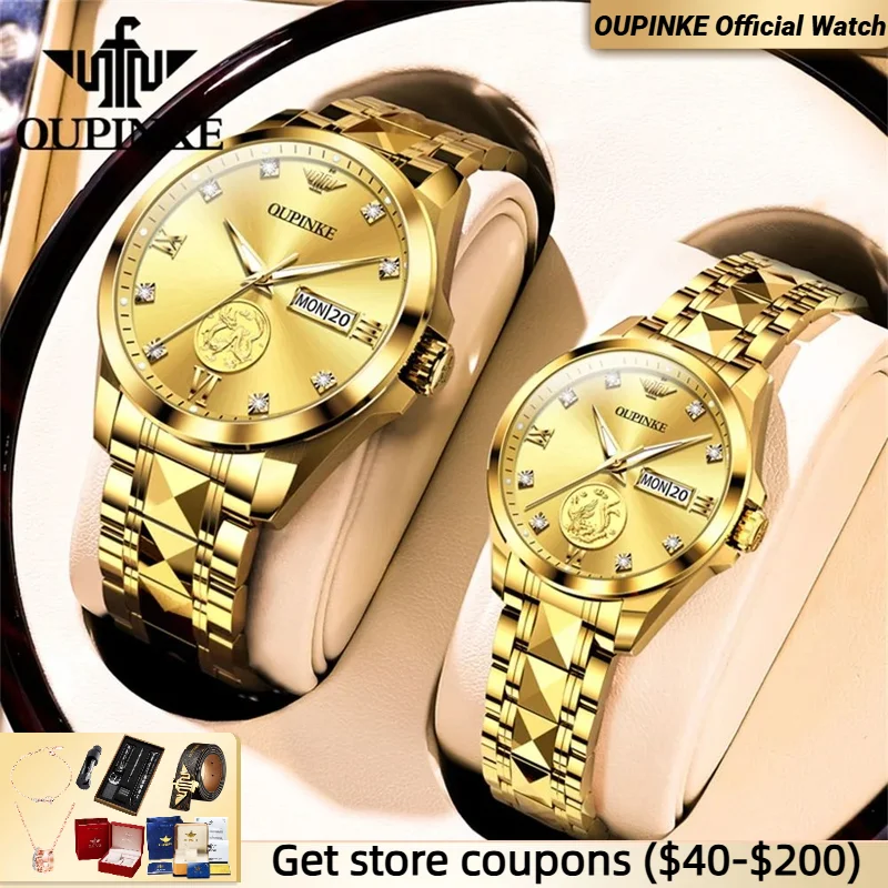 Real Gold Real Diamond Automatic Watch for Couple OUPINKE Top Brand His Hers Watch Gifts Sets Lover Wristwatch for Men and Women