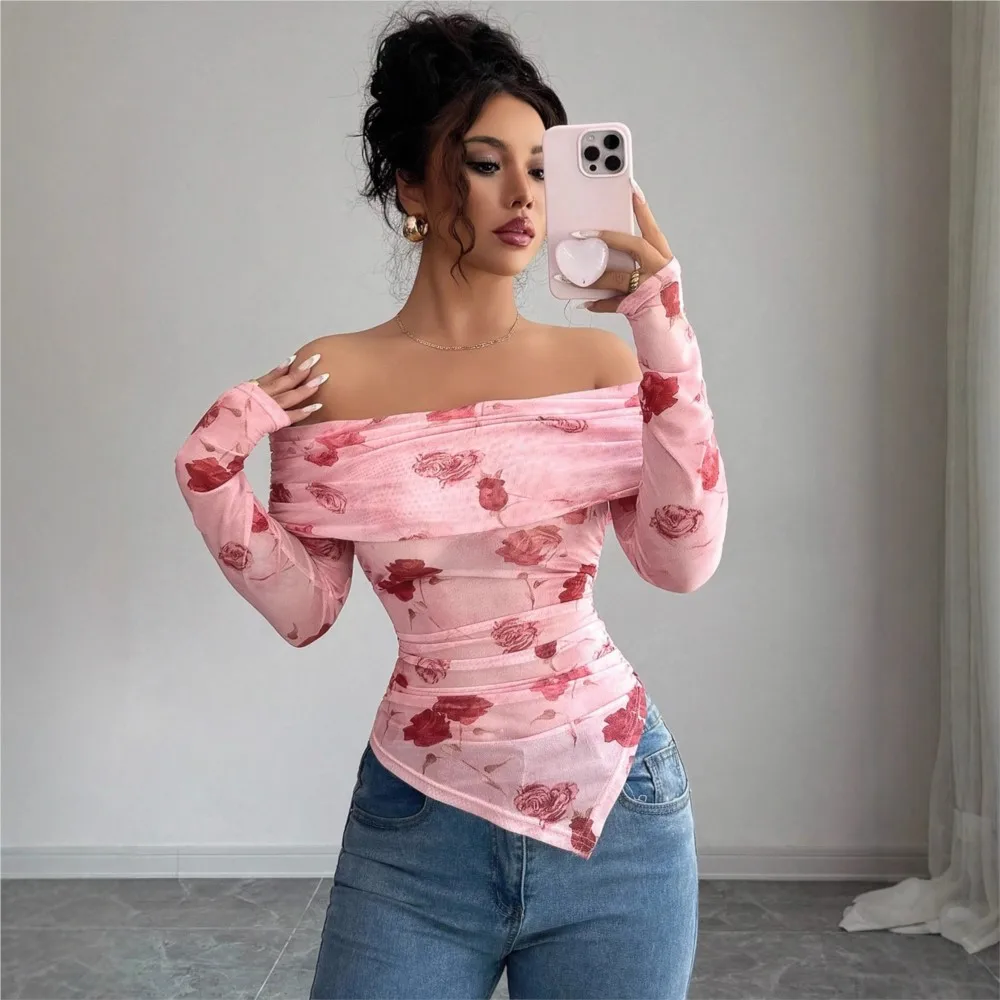 Women's Clothing One-length Slim Fit Pleated Edges Irregular Versatile Printed Top Simple Style Off Shoulder One Line Neck Mesh
