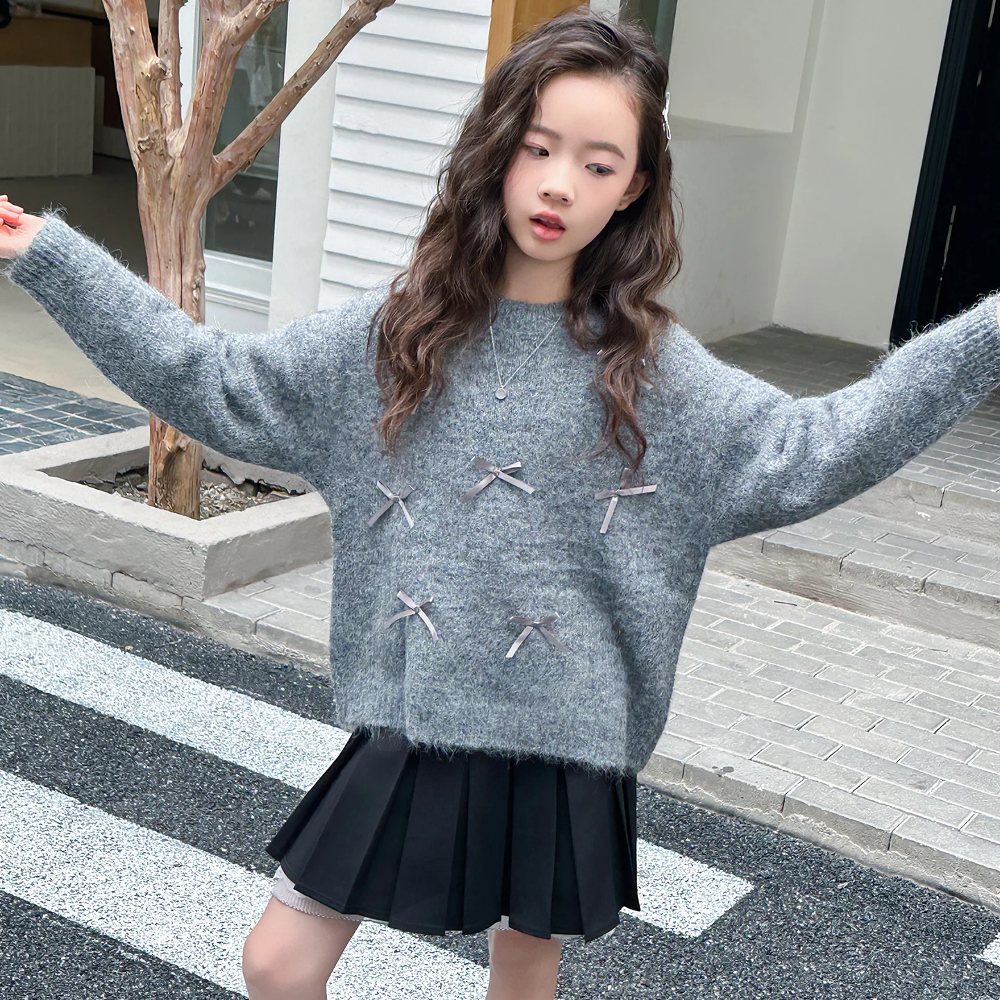 New Autumn School Kids Gray Color Sweater with Bow for Tween Girls Casual Bowknot Knitwear Children Elegant Knitted Outerwear