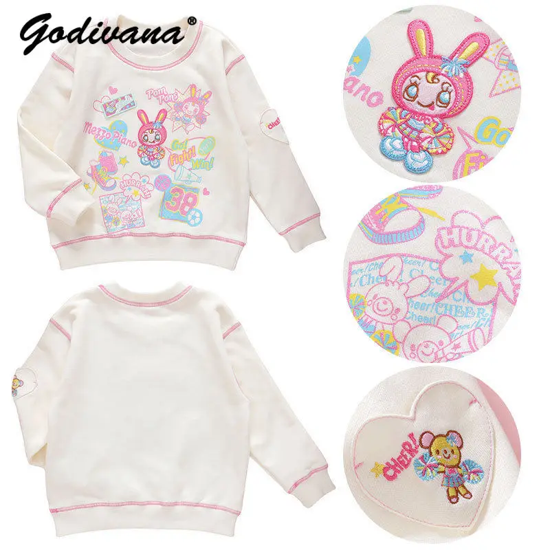 Sweet and Cute Girls Cartoon Bunny Embroidery Print Daughters Outfit Childrens Soft Long Sleeve O-neck Sweatshirt Base Layer Top