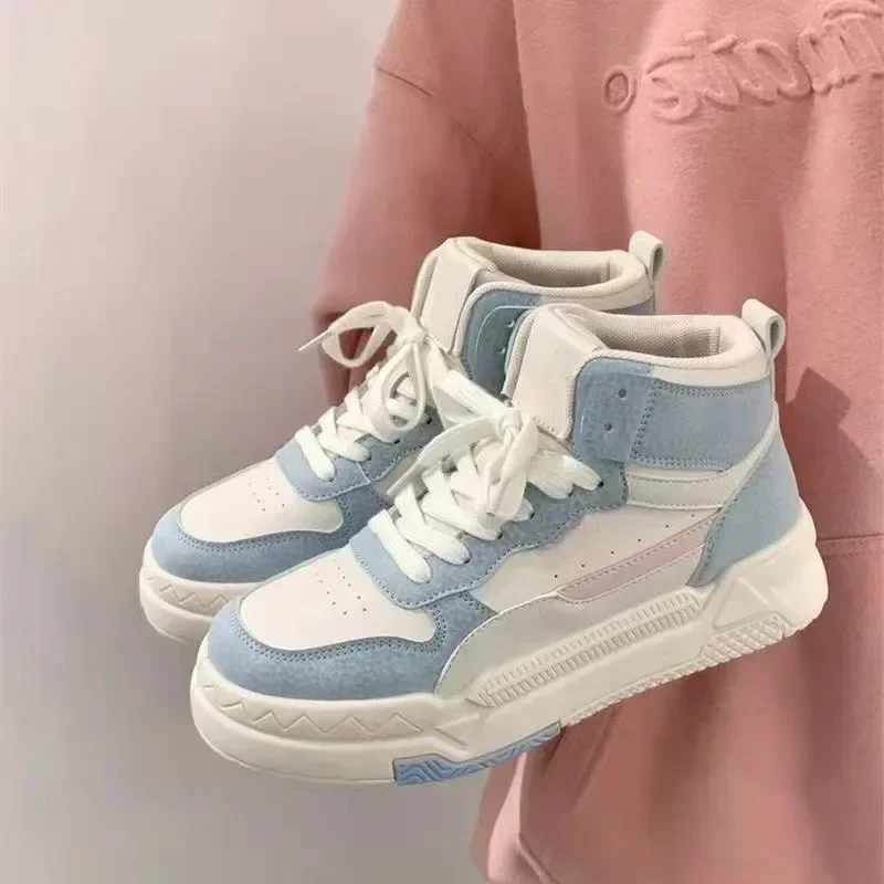 Sepatu kets Platform biru untuk wanita, sepatu Sneakers olahraga Vintage kasual vulkanisir, sepatu bot sekolah Harajuku Kawaii Lolita, tren baru