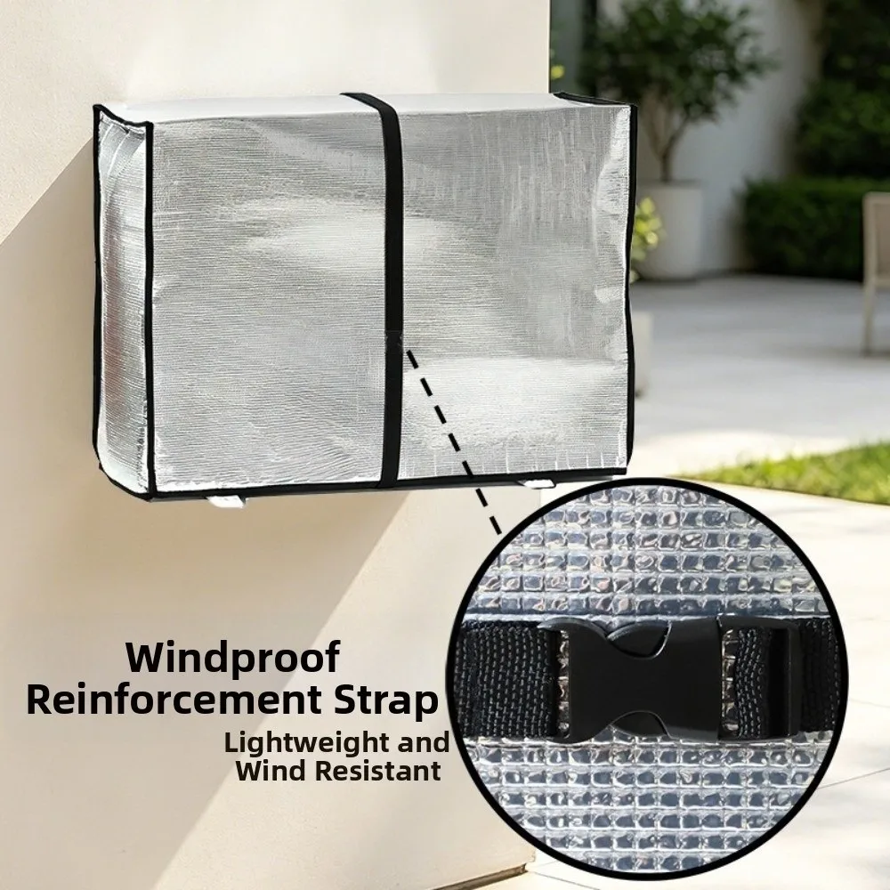 Aluminum Foil Reflective Fabric Air Conditioner Cover Heat Insulation & Cooling Windproof Fastening Strap AC Unit Cover