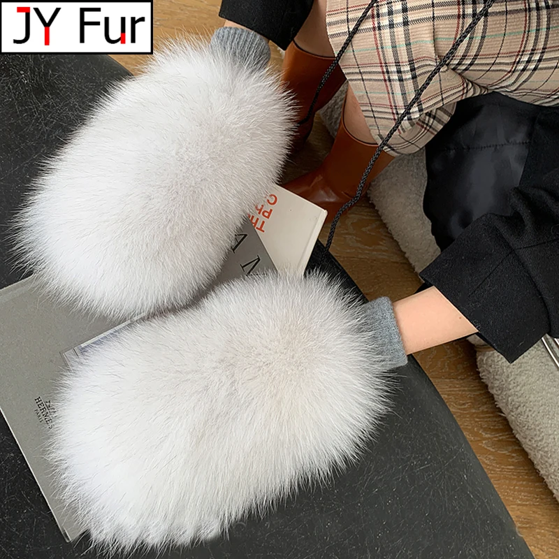 Winter Warm Genuine Fox Fur Covered Gloves Women Fashion Real Fox Fur Glove Outdoor Russia Thick Glove Women Warm