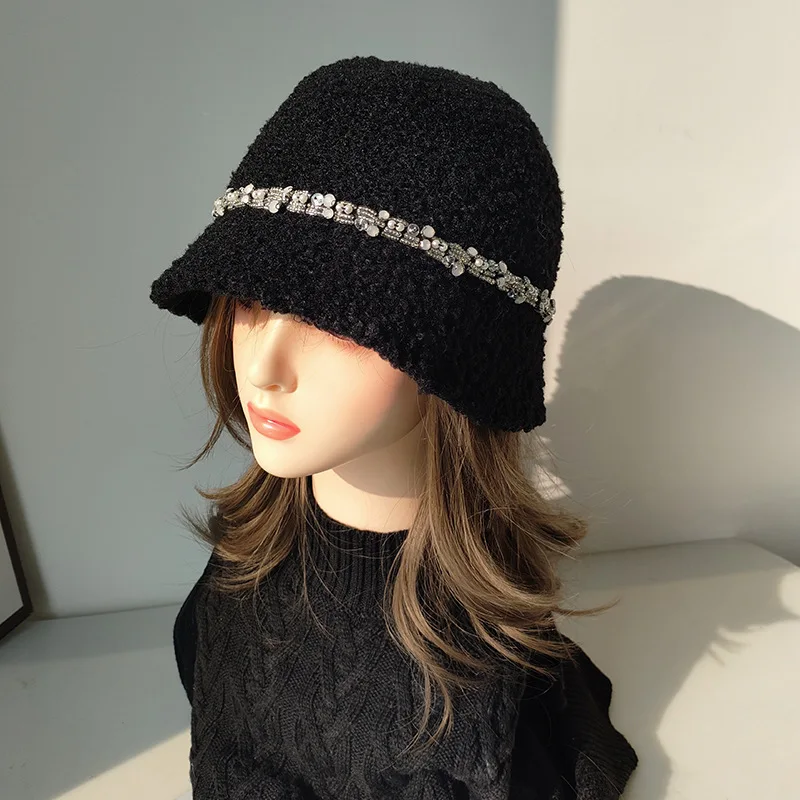 

Bucket Hat Women Winter Autumn Black Rhinestone Warm Accessory For Cold Weather Outdoor Holiday