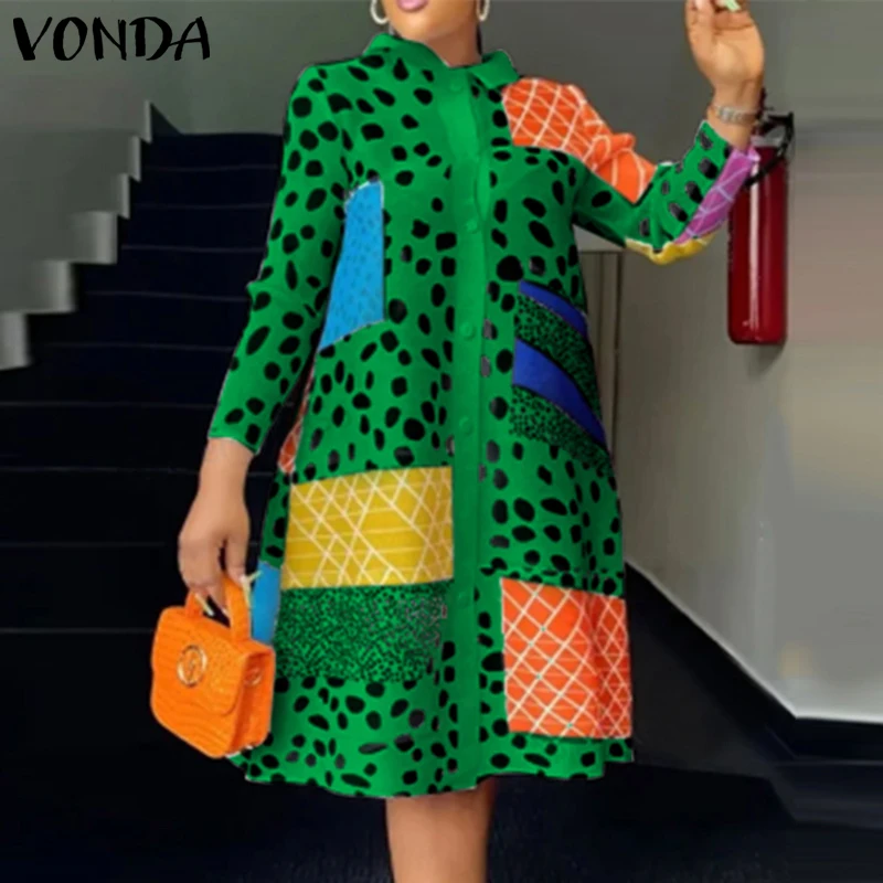 Plus Size 5XL VONDA Women Bohemian Dress Fashion Long Sleeve Leopard Printed Sundress Buttons Knee-Length Oversized Vestidos