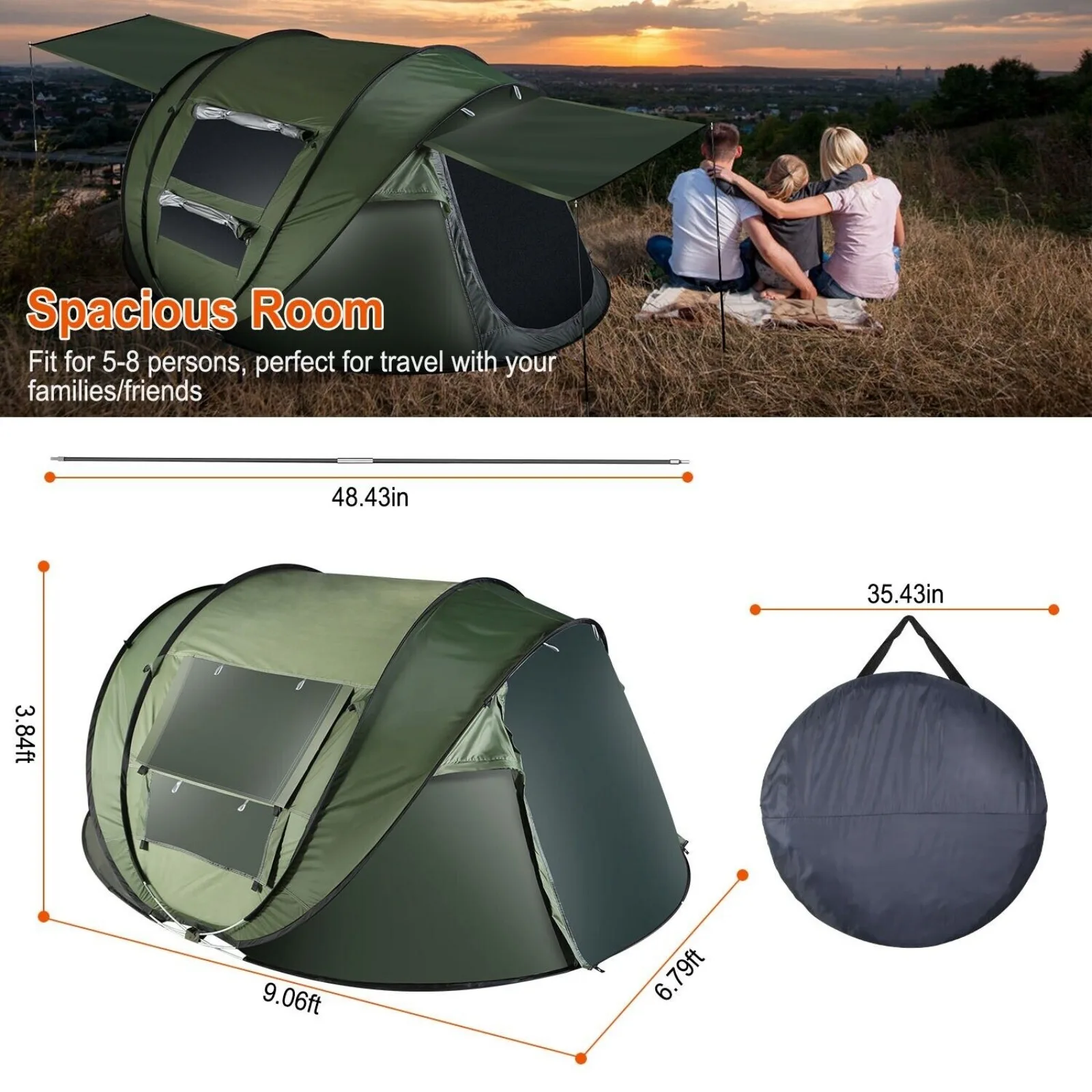 US 5-8 person camping hiking tent waterproof automatic instant pop-up tent and 4-pole -