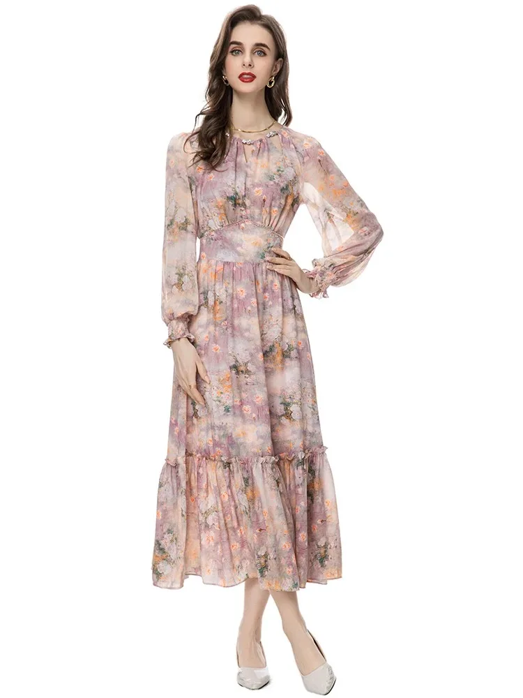 

New Fashion Designer Spring vestidos Women Beading Lantern Sleeve Vacation Flower Print Vintage Long Dresses