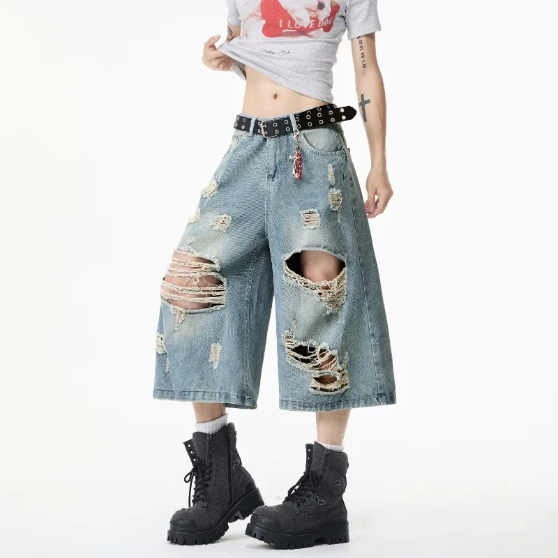 Summer Trendy Men Jeans Ripped Loose Casual Man Pants Artistic Design Cropped Long Denim Trousers