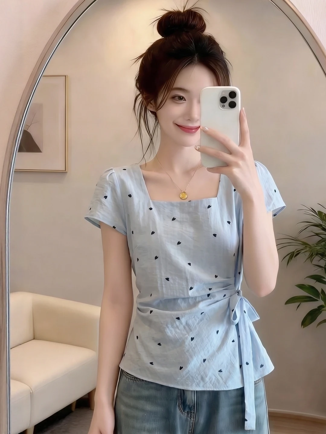 

Slim Fit Polka Dot Short Sleeve Shirt Women's Summer 2026 Large Size Fat MM Waist Cinching Belted Square Collar Top Base Shirt