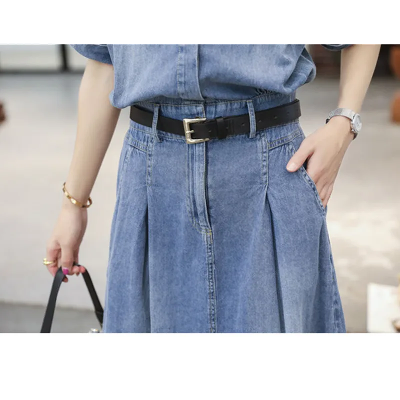 Short Sleeve Denim Shirt Dress 2023 Fashion Simple Summer Ladies Slim Denim A-Line Dress Elegant Temperament Casual Female Dress