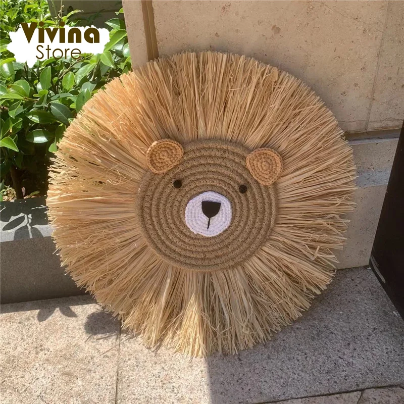 Nordic Hand Woven Lion Wall Hanging Ornaments Cartoon Animal Head Straw Weaving Children Room Wall Decor Tent Party Decoration