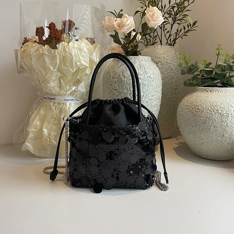 Light Luxury Sequins Bucket Handbags for Women Fashionable Trend Chains Single Shoulder Crossbody Bag New Chic Female Party Bags