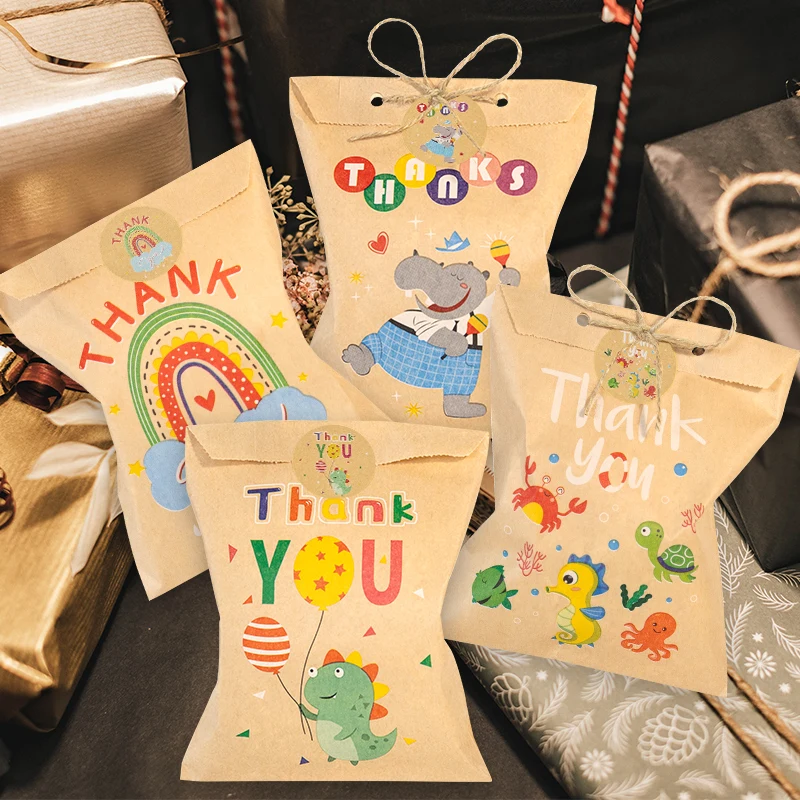 24Sets Thank You Kraft Paper Bags Cute Rainbow Dino Happy Birthday Gift Pouch Retro Flower Party Favor Bag Candy Cookie Supplies