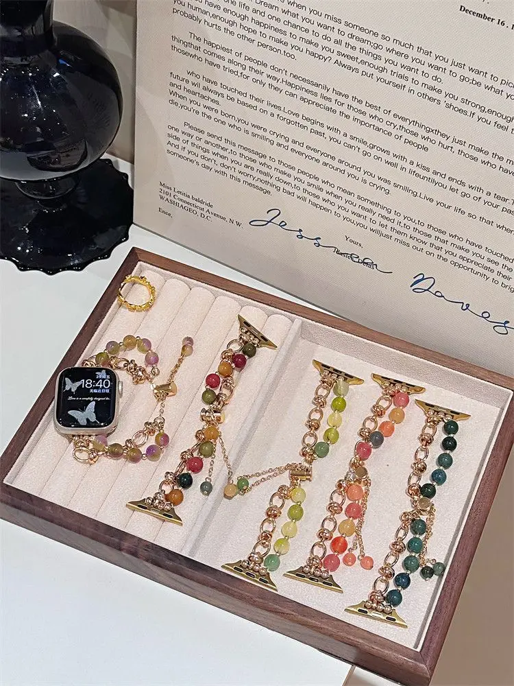 حزام سوار من حجر الكريستال الملون متوافق مع حزام iWatch 38 مم 40 مم 41 مم 42 مم 44 مم 45 مم 49 مم حزام مصنوع يدويًا عصريًا