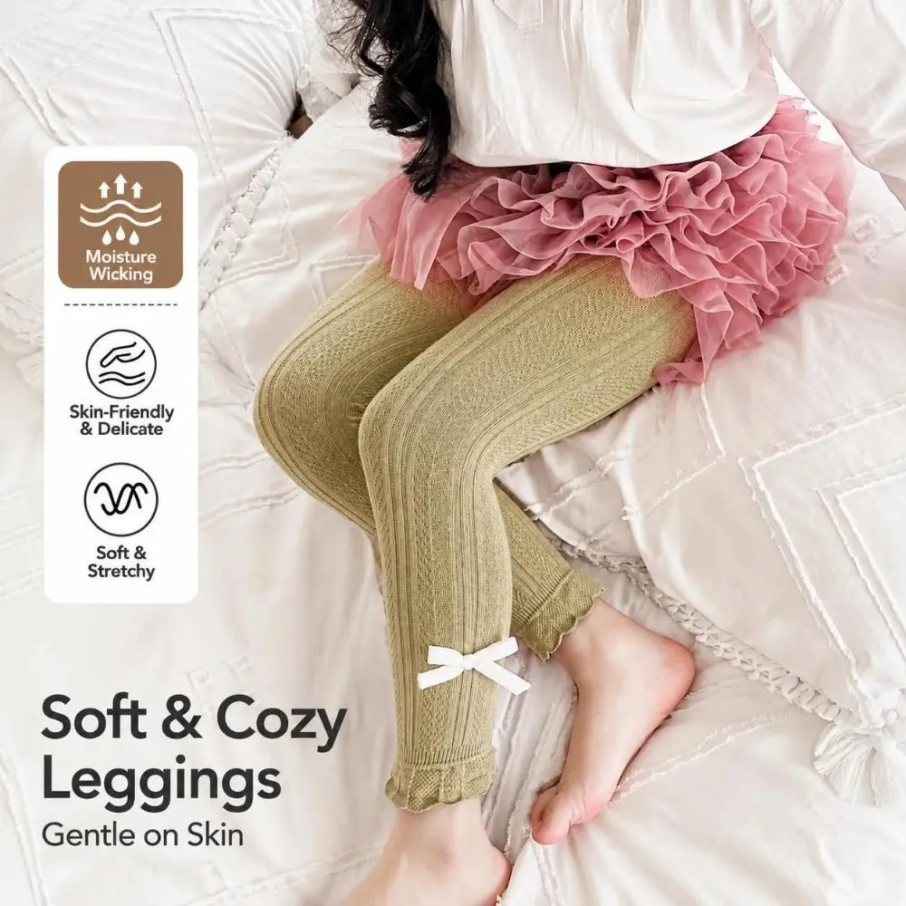 Sweet Cotton Girls Outerwear Leggings Cable-knit Bow-decor Children Knit Pants Mid-Thick Stretchy Toddler Tights 1-6 Year Old