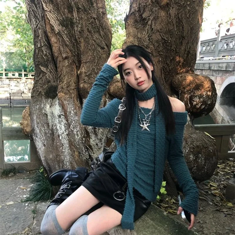 

Американский ретро-топ в полоску, облегающий, с открытыми плечами, вязаный, для женщин, весна-осень-зима, повседневный, удобный, длинный рукав