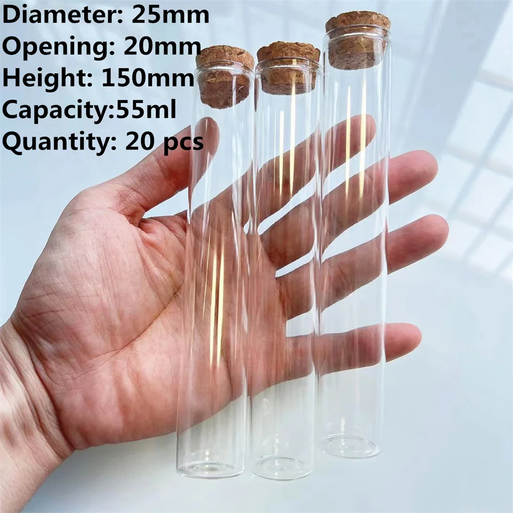 Flat-bottomed Glass Test Tube 20 pcs/lot 20*25*150mm long tube Glass Bottle Mini Bottles DIY Wedding Jars Cork Stopper