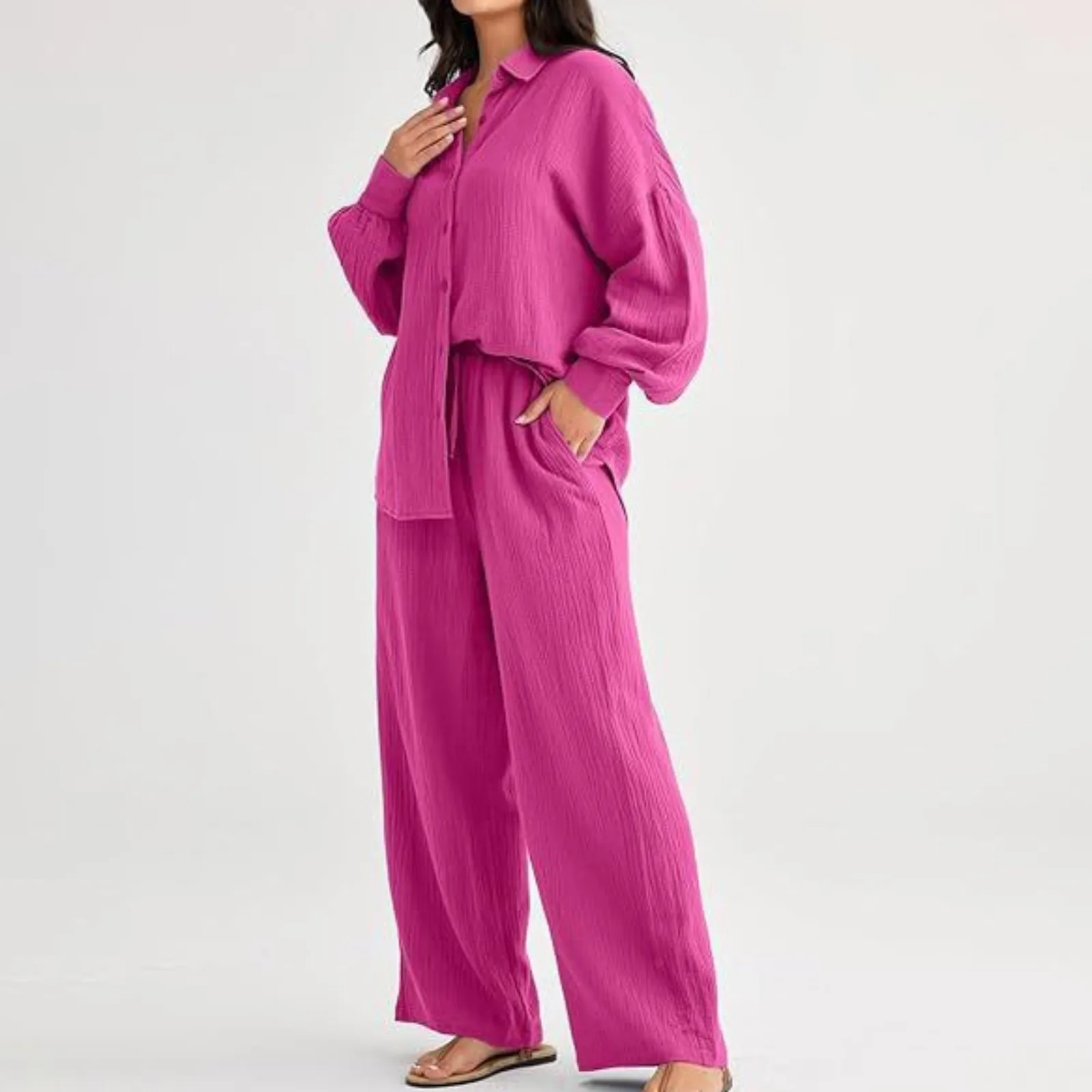 

Women's Loose Casual Pant Sets Pleated Lapel Long Sleeved Pocket Shirt And High Waisted Drawsting Wide Leg Pants Two Piece Suits