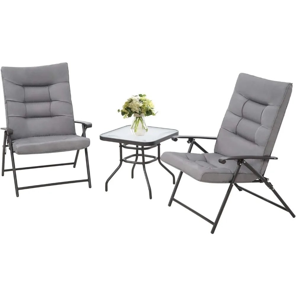 

3 Pcs Patio Folding Bistro Set, Outdoor Metal Adjustable Recliner Furniture Set, 2 Foldable Padded Chairs and Coffee Bistro Tabl