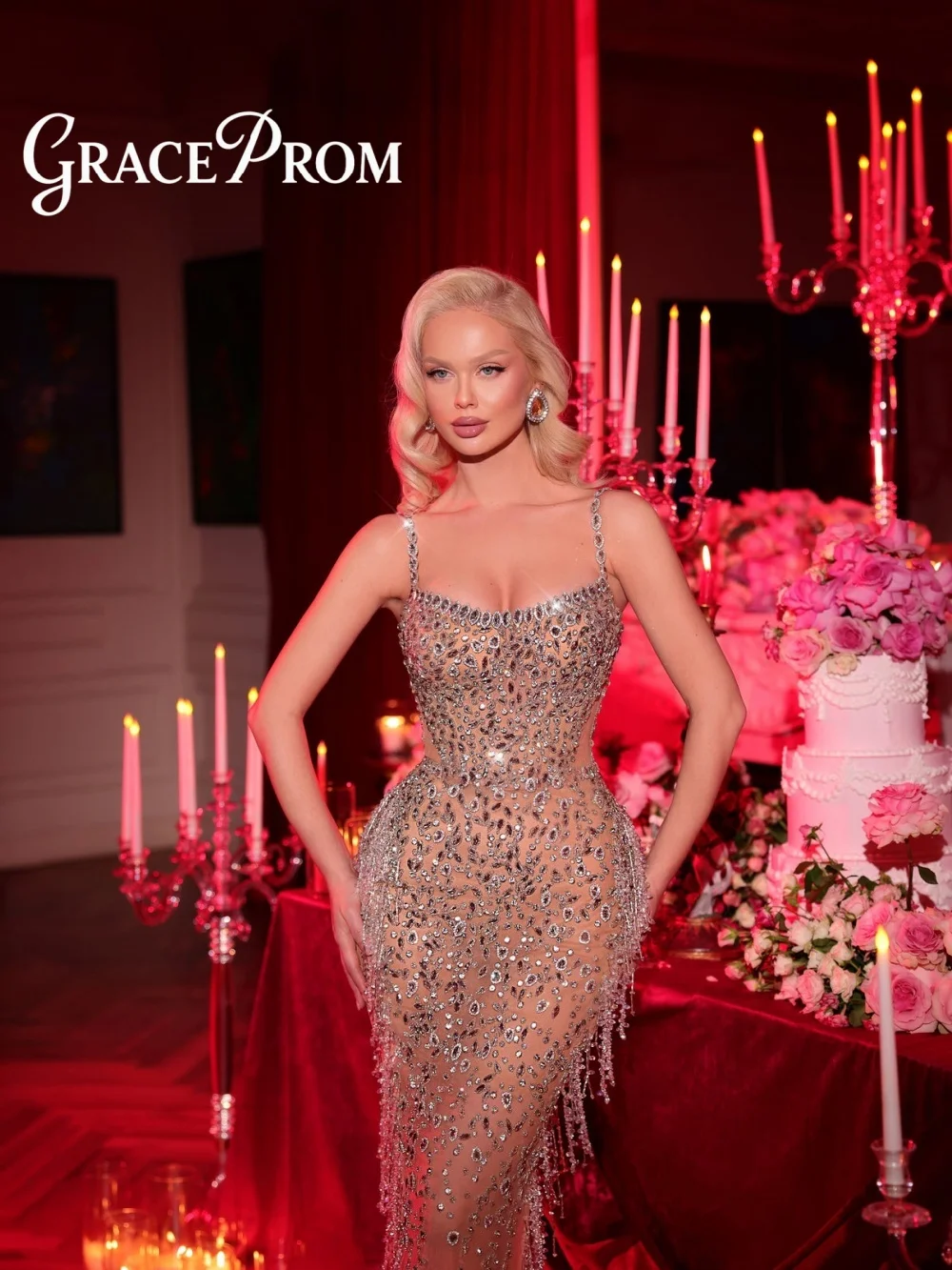 Elegant  Spaghetti Strap Mermaid Gown 2026 Dazzling Crystal Beaded Fringe Dress Formal Evening Gown Vestidos De Noche