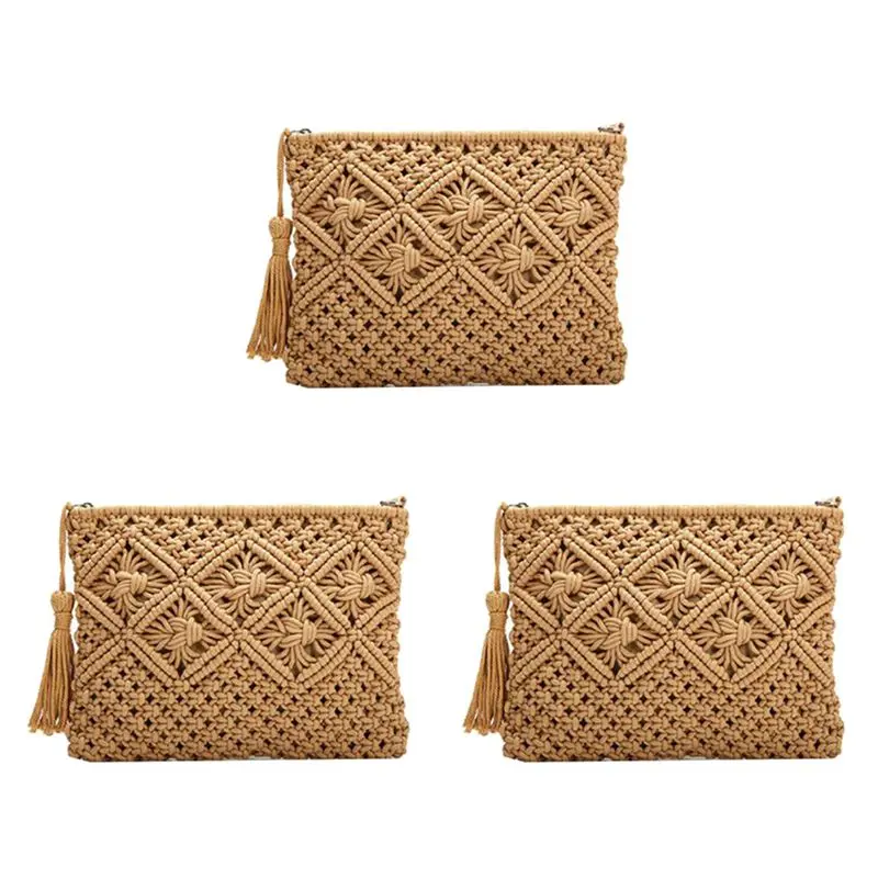 

NEW-3X Women's Hand-Woven Cotton Bag Straw Woven Bag Coin Purse Mobile Phone Bag Clutch Bag Tassel Bag Khaki