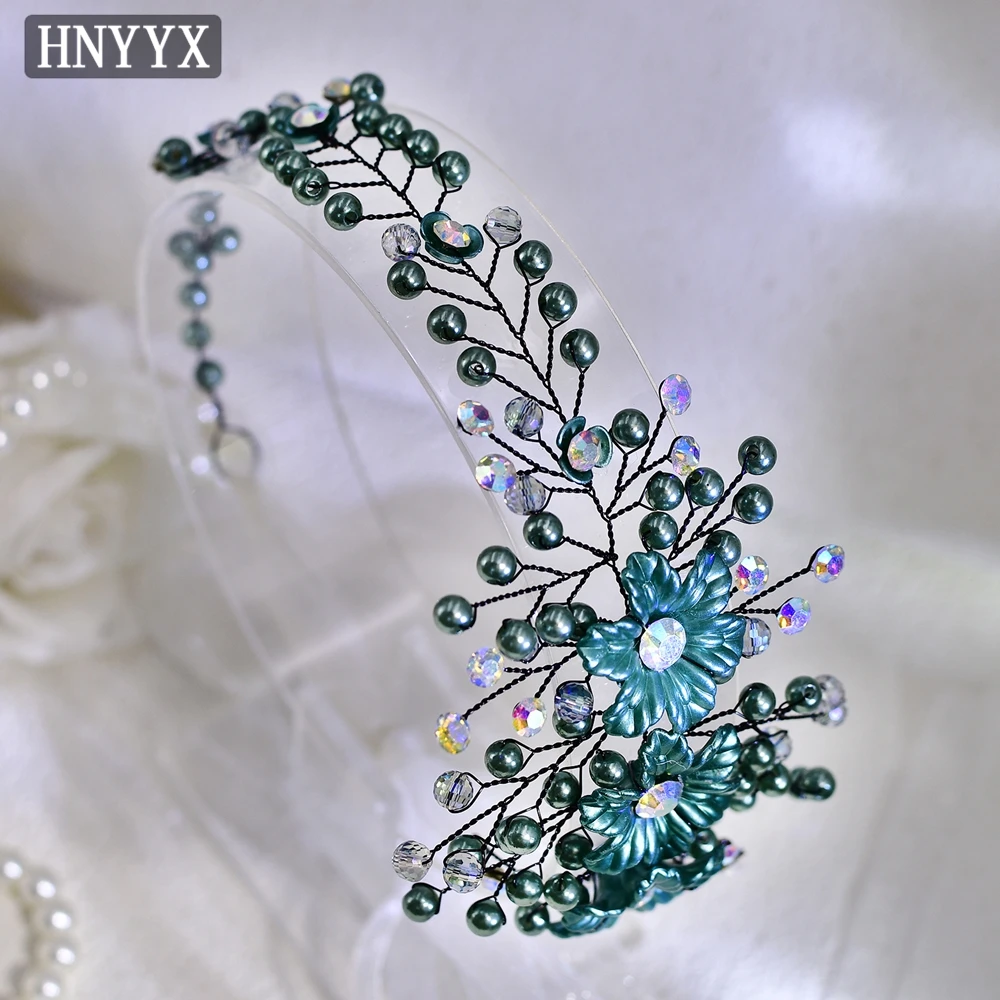 HNYYX Retro Green Rhinestone Hair Accessories Colored Crystal Beaded Jewelry Alloy Flower Headpieces Elegant Ladies Tiara A224