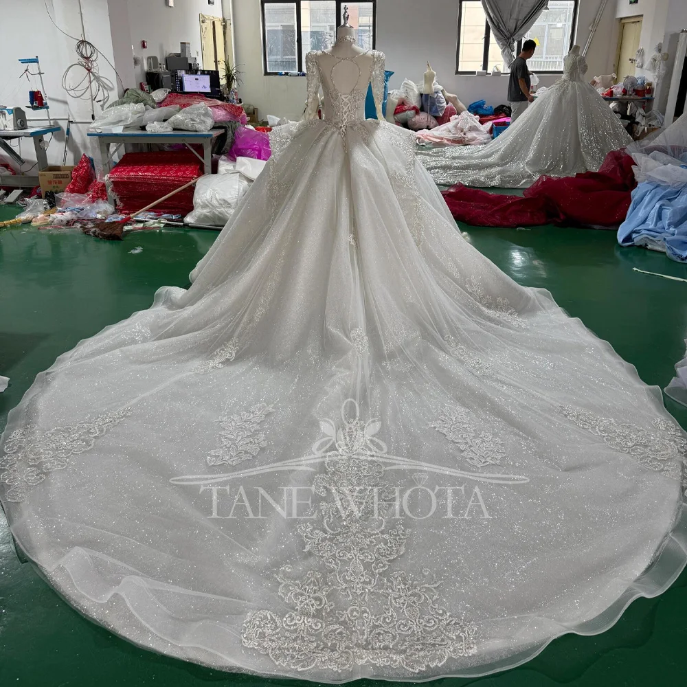 Crystal Sequined Bridal Dress O-Neck Long Sleeve Lace up Keyhole Back Embroidery Wedding Dress for Women