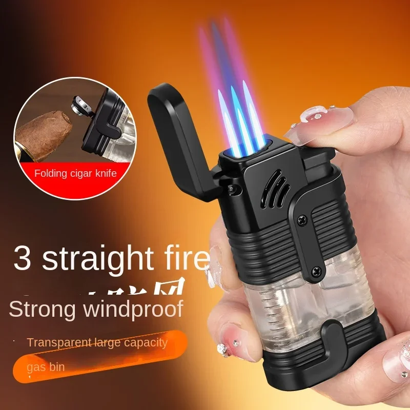 Metal Windproof Triple Jet Flame Gas Cigar Lighter Transparent Fuel Tank High Temperature Spray Gun Cigar Cutter Lighter