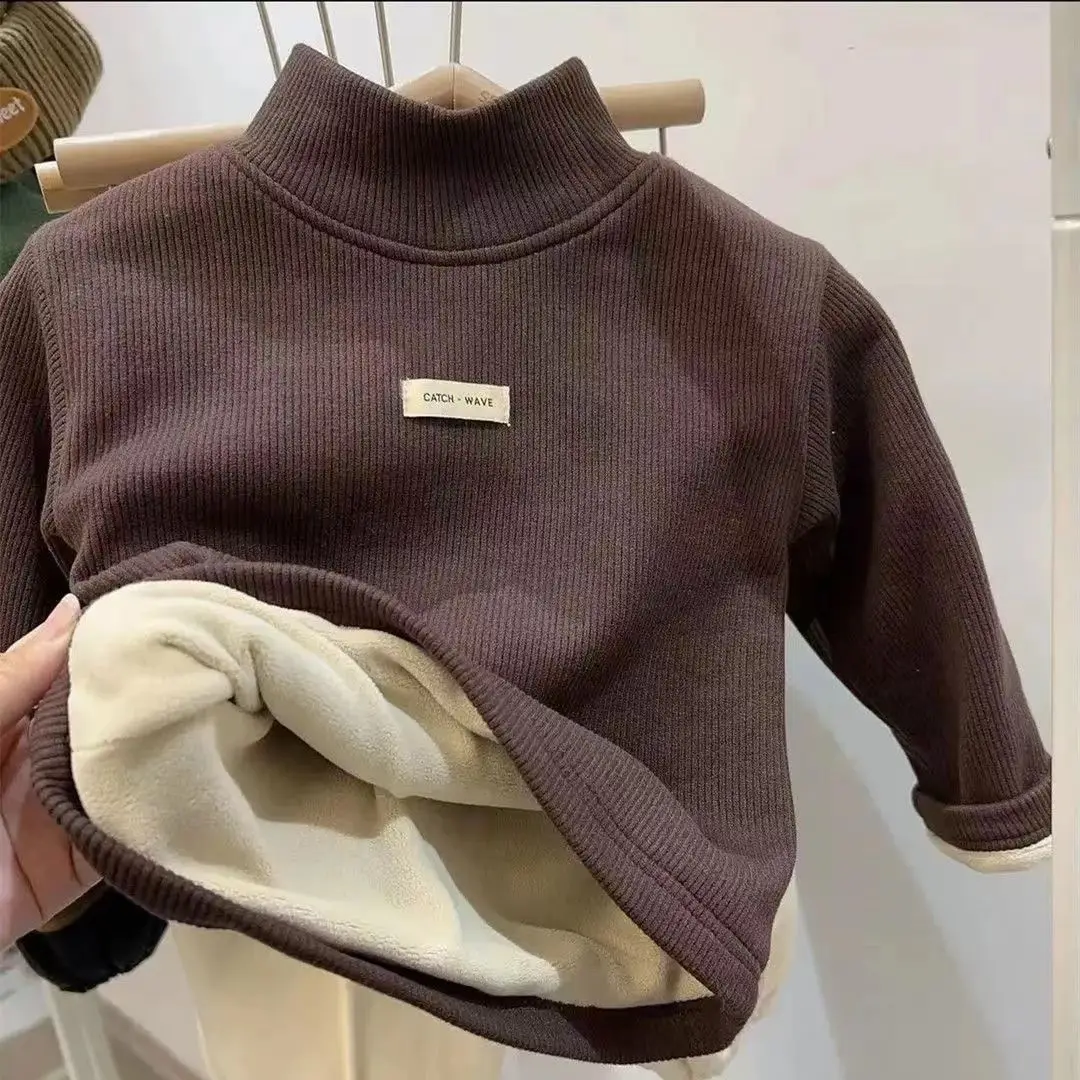 Boys Plush Thick Top 3-8 Years Old Children Undershirt Winter Semi High Neck Pullover Girl Solid Color Sweatshirt