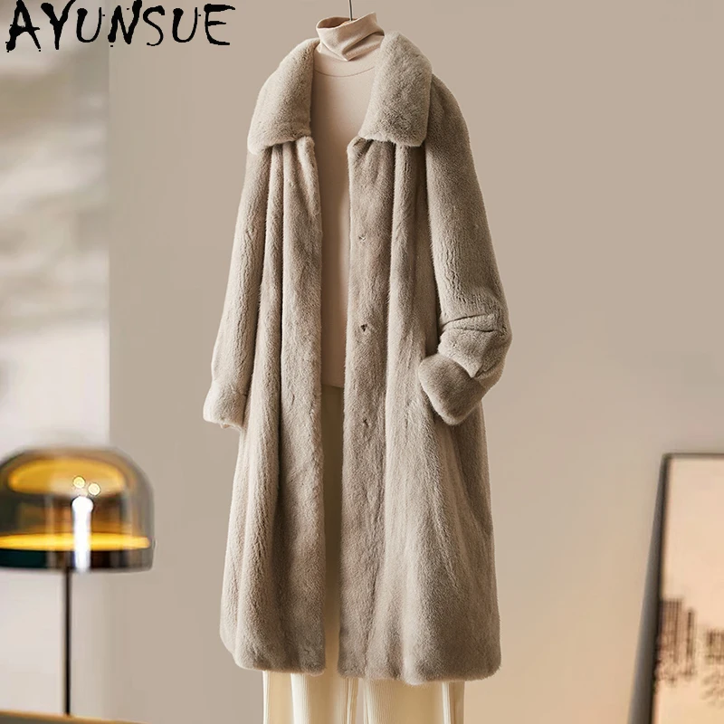 

AYUNSUE Mink Fur Coat Woman 2025 Winter Coats Lapel Long Fur Coat for Woman Korean Style Clothes for Woman Dames Winterjas