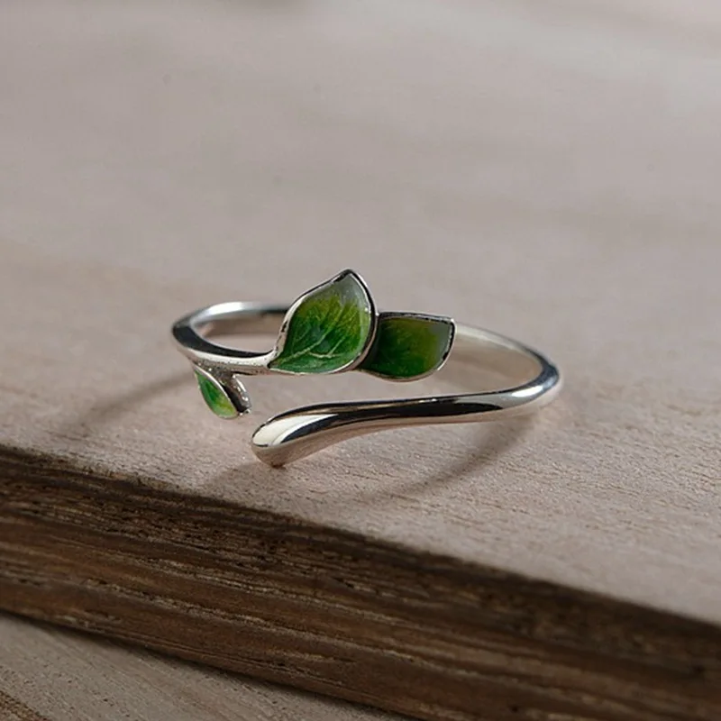 Blue Green Enamel Leaves and Twig Wrap Around Ring Genuine 925 Sterling Silver Nature Inspired Fine Jewelry for Women Adjustable