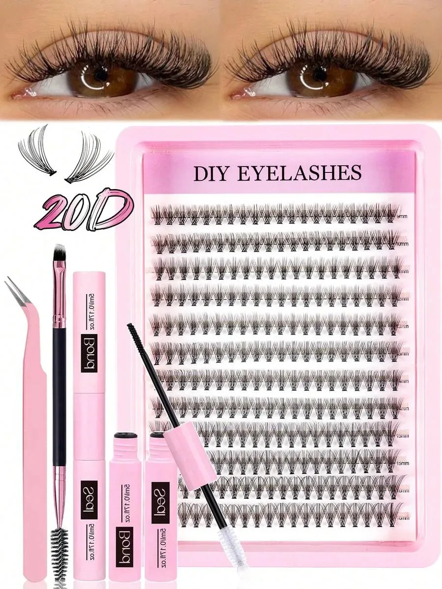 240 Stück D-Curl Natürliche Wimpernverlängerung Set 9-16mm, Cluster-Wimpern mit Kleber & Pinzette, DIY für Anfänger, Alltag/Party/Reise & Geschenk