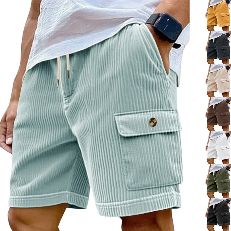 

Summer New Corduroy Multi-Pocket Knee Length Shorts Men's Sports Lace-Up Casual Solid Color Cargo Shorts