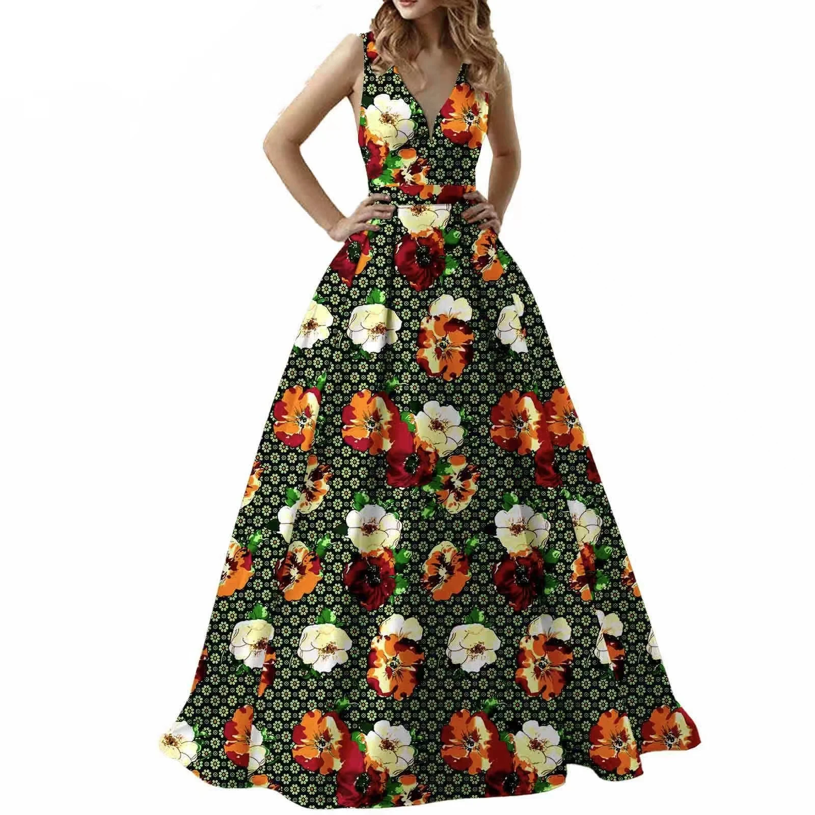 African Dresses for Women Sleeveness V-neck High Waist Ankara Fabric Print Formal Dress Pure Cotton Bazin Riche Dress