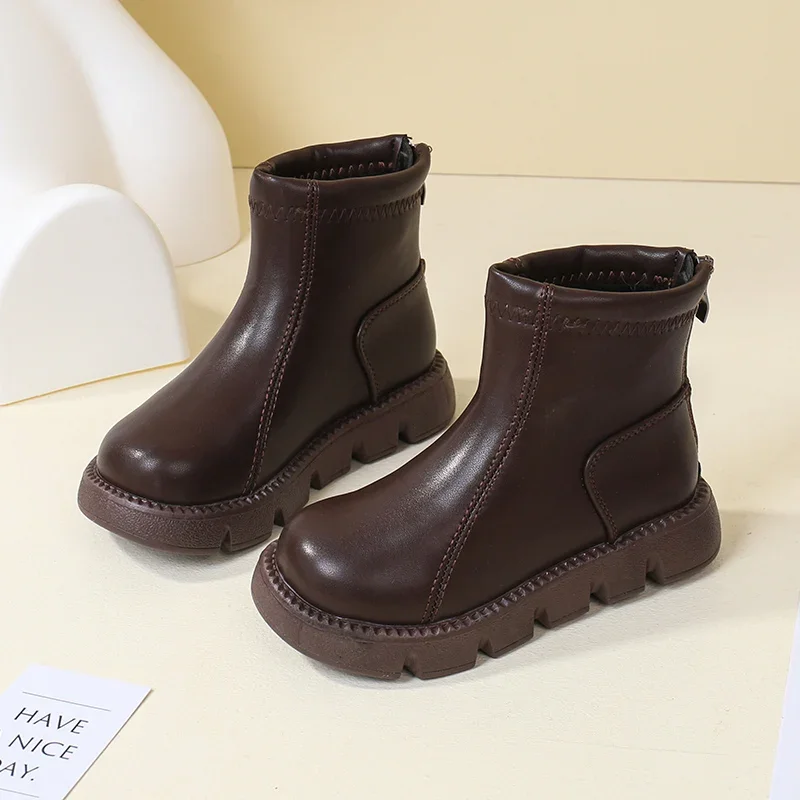 Winter Children\'s Boots Black Brown Versatile Girls Platform Ankle Boots Simple Classic Kids Fashion Causal Plush Boots Zipper