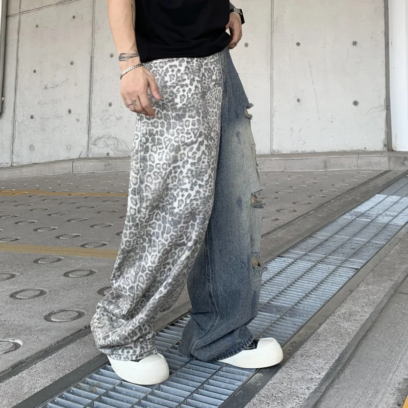 

ZLJ 91008 American high street new tide loose wide leg trend leopard splicing hip hop jeans male personality hole