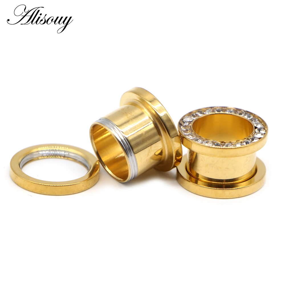 Alisouy Gold Color Ear Plugs Tunnels with Crystal Screw Fit Flesh Tunnel Ear Expanders Stretching Kit Piercings Ear Body Jewelry