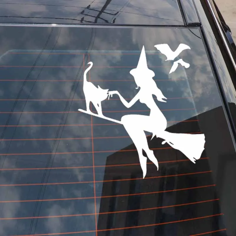 Z1084# Car Sticker For Witch On Broomstick With Cat Bats Decal Car Accessories Pegatinas Para Coche DIY Car Styling