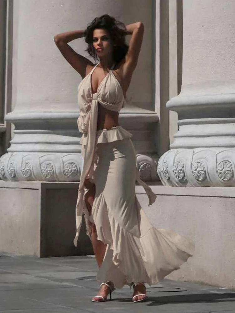 

Whatiwear New Trend Elegant 2 Piece Set Women Halter Backless Irregular Camisole+Ruffles Split Maxi Skirts Matching Street Suits