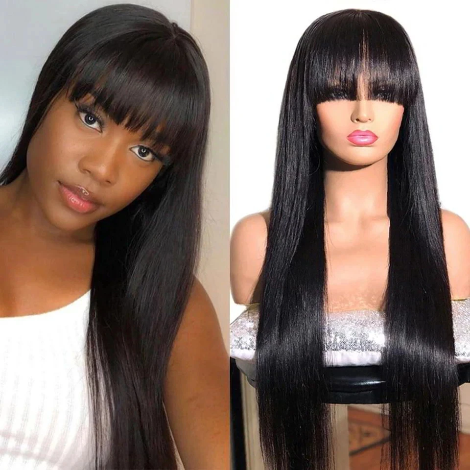 Straight Lace Front Wig With Bangs Fringe Straight Human Hair Wigs With Bangs For Women Brazilian Bang Wig Human Hair Frontal