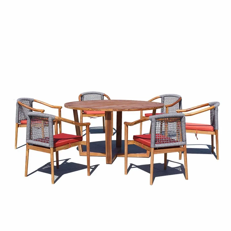 

Outdoor teak table and chair courtyard solid wood rope dining table rattan chair combination