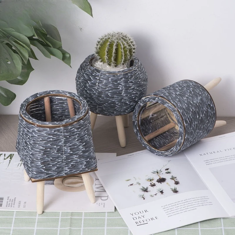 Vine Woven Flower Pot Triangular Bracket Creative Storage and Decoration for Living Room Desktop Placement