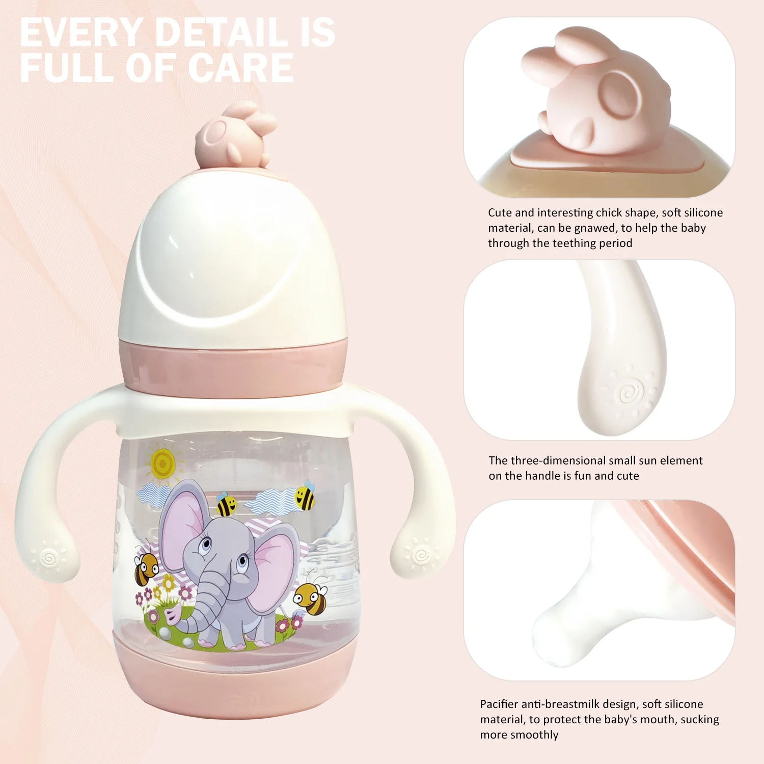 240ml Large Capacity Children\'s PP Bottle Chicken Shape Early Learning Fun Bottle Silicone Imitation Breastmilk Nipple BPA Free