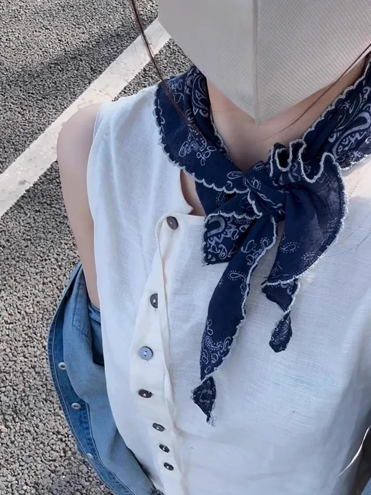 Bufanda floral de lino y algodón ligero retro para mujer, pañuelo pequeño artístico Sli de verano, accesorio versátil