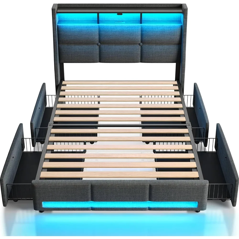 Bed Frame with LED Lights and Charging Station,Upholstered Bed Storage Headboard & Drawers,Heavy Duty Wood Slats,Easy Assembly