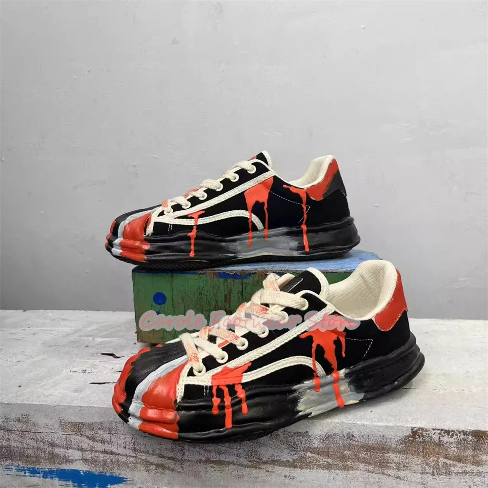 

Fashion Hand-drawn Graffiti Print Women Sneakers Mixed Color Chunky Bottom Lace-up Casual Board Shoes Outside Sport Shoes