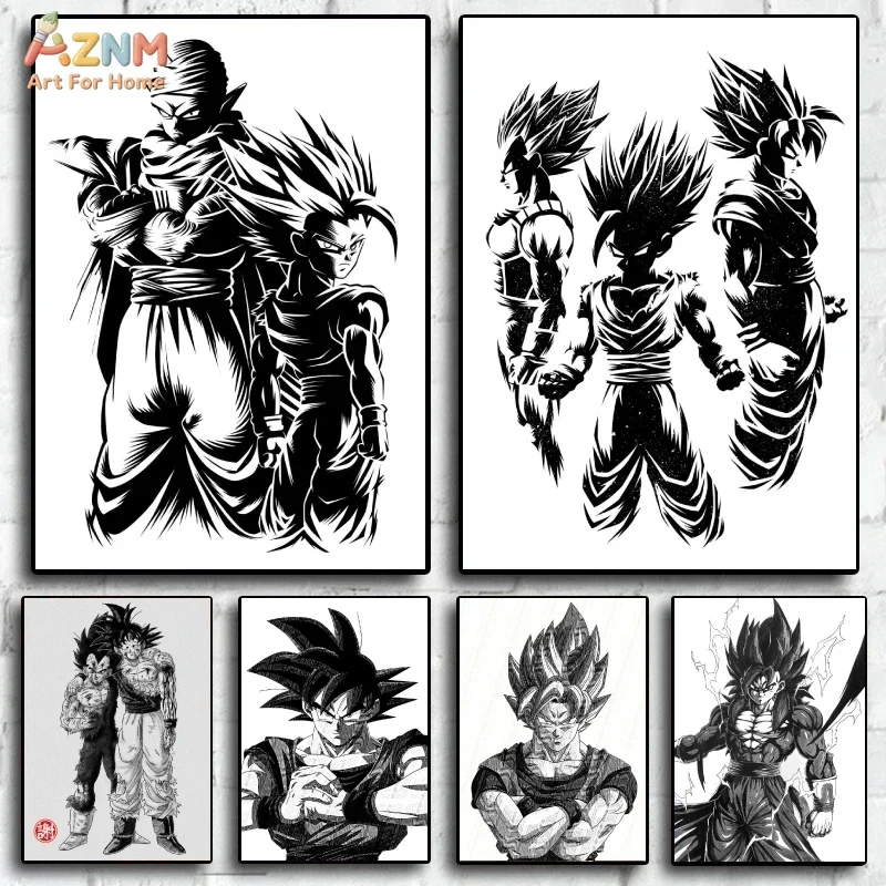 AZNM Dragon Ball Black White Sketch Canvas Poster, Goku Vegeta Piccolo Super Saiyan Manga Art Print, Anime Wall Picture, No Fram