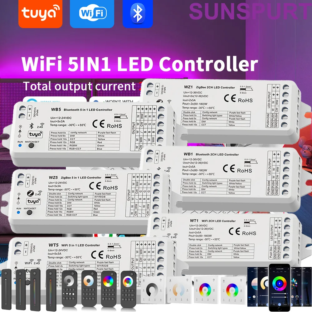 1-10P WT5 WZ5 WB5 Skydance DC12-24V CCT RGB RGBW LED Dimmer Strip Light Touch Panel 2.4G WiFi & RF 5 in 1 CV Controller Tuya App