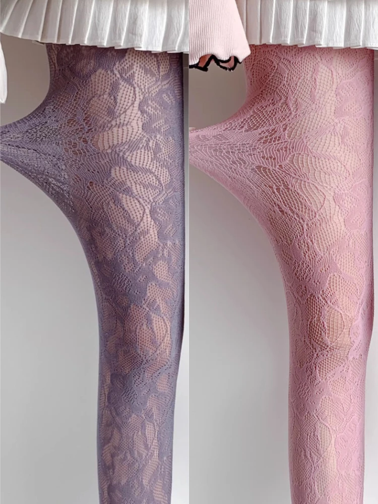 Sexy florale Netzstrümpfe, lange Socken, transparente Jacquard-Spitze, dünne Strumpfhose im japanischen Stil, süße lila/rosa Lolita JK Netzstrümpfe