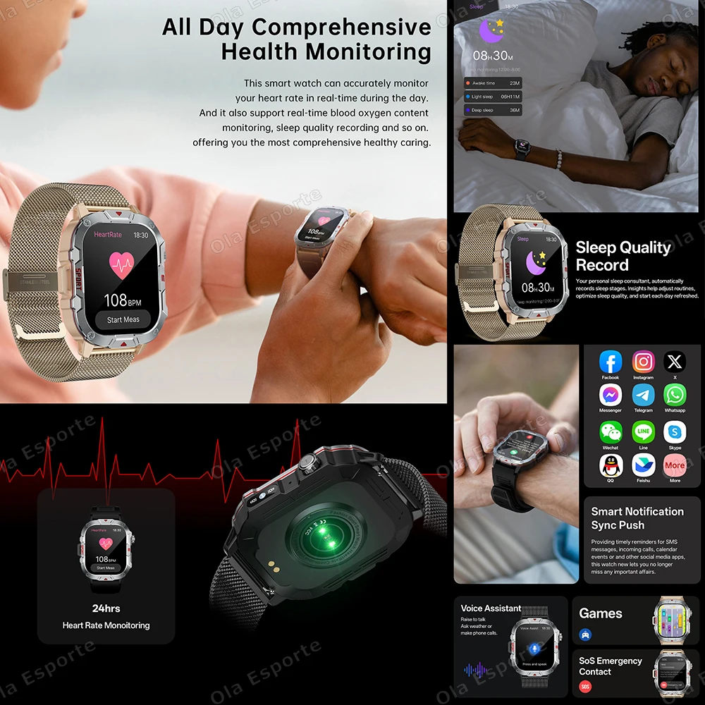 남자 스마트 시계 블루투스 통화 수면 심박수 건강 모니터 야외 LED 손전등 안드로이드 IOS에 대한 방수 스포츠 시계